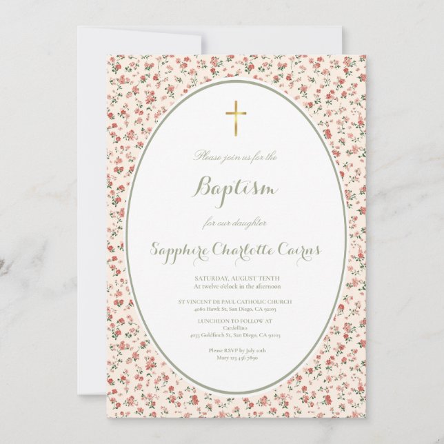 Invitación de Bautizo de Niña con Acuarela de Flor (Anverso)