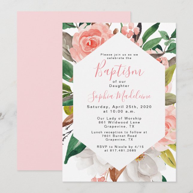 Invitación de Bautizo de Niña con Acuarela Floral (Anverso / Reverso)