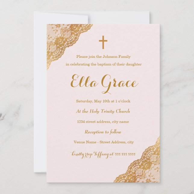 Invitación de Bautizo de Niña con Encaje de Oro Ro (Anverso)