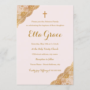 Invitación de Bautizo de Niña con Encaje de Oro Ro