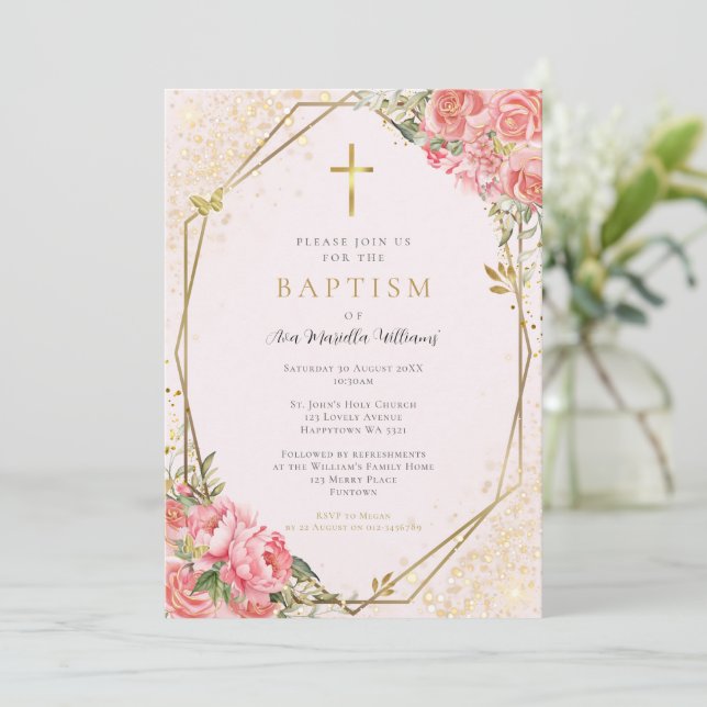 Invitación de Bautizo de Niña con Floral Rosa (Anverso de pie)