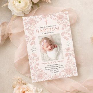 Invitación de Bautizo de Niña con Flores Rosadas