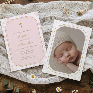Invitación de Bautizo de Niña con Foto Floral Rosa