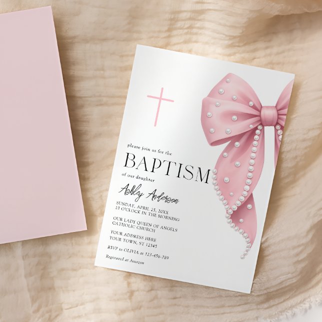 Invitación de Bautizo de Niña con Lazo Rosa (Subido por el creador)