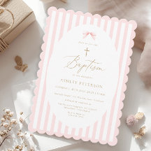 Invitación de bautizo de niña con lazo rosa