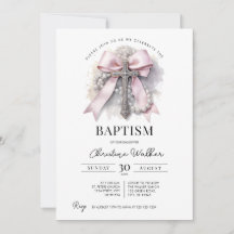 Invitación de Bautizo de Niña con Lazo Rosa | Cruz