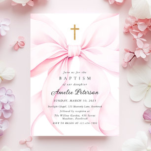 Invitación de Bautizo de Niña con Lazo Rosa de Beb