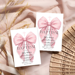 Invitación de Bautizo de Niña con Lazo Rosa Elegan