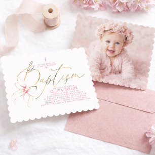 Invitación de Bautizo de Niña con Lazo Rosa Elegan