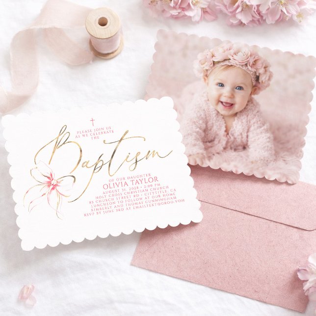 Invitación de Bautizo de Niña con Lazo Rosa Elegan (Pink Bow Girl Baptism Invitation with Photo)