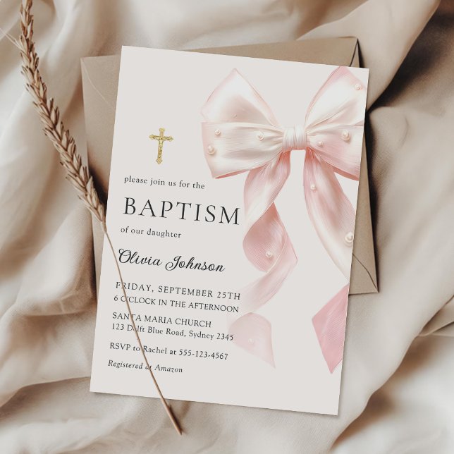 Invitación de Bautizo de Niña con Lazo Rosa Elegan (Subido por el creador)