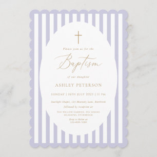 Invitación de Bautizo de Niña con Rayas de Lavanda