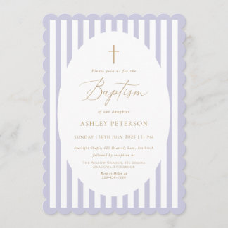 Invitación de Bautizo de Niña con Rayas de Lavanda