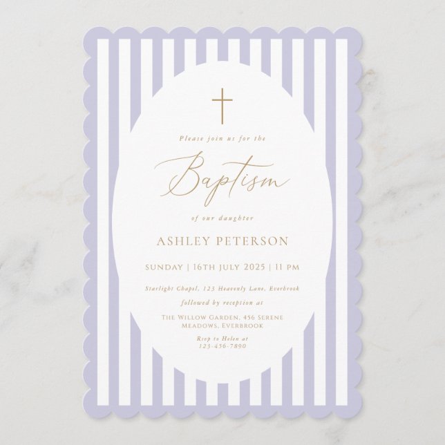 Invitación de Bautizo de Niña con Rayas de Lavanda (Anverso)