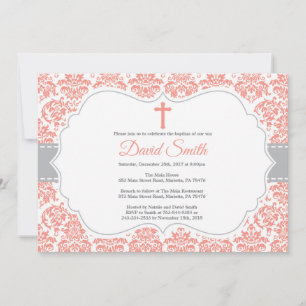 Invitación de Bautizo de Niña Coral y Damask Gris