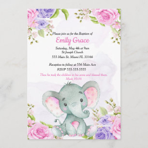 Invitación de Bautizo de Niña Elefante con Acuarel