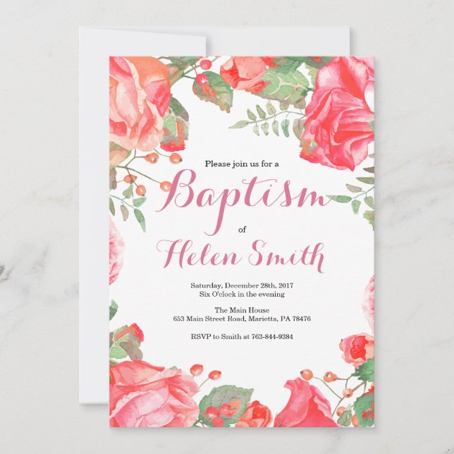 Invitación de Bautizo de Niña Floral Rosa (Anverso)