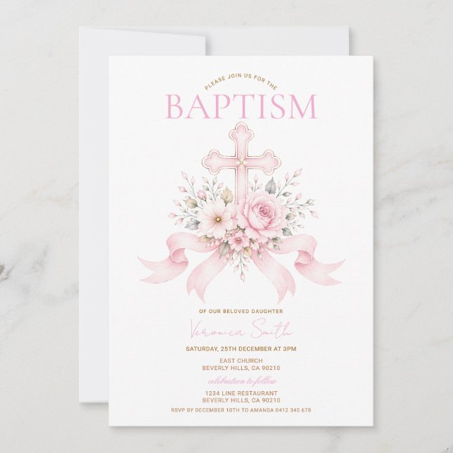 Invitación de Bautizo de Niña Floral Rubor (Anverso)