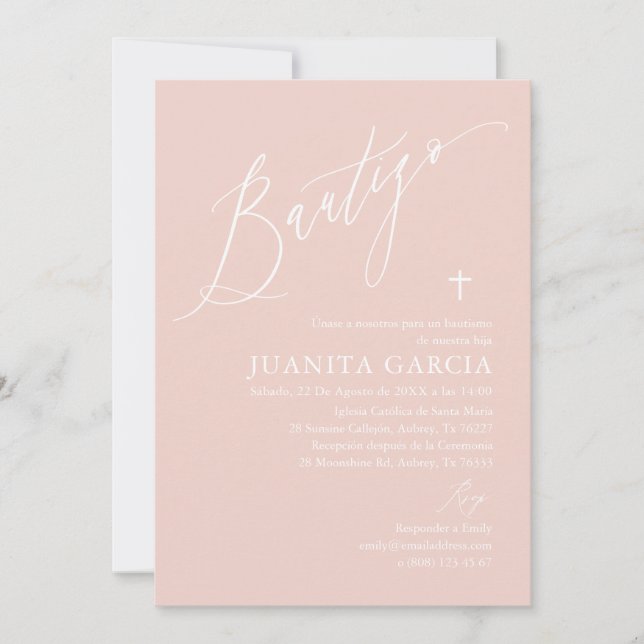 Invitación de bautizo de niña rosa polvorienta (Anverso)