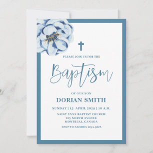 Invitación de bautizo de niño con flores azules