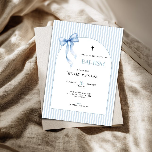 Invitación de Bautizo de Niño con Lazo Azul a Raya (Blue pink baptism invitation for boys)