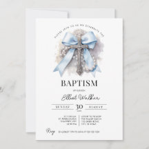 Invitación de Bautizo de Niño con Lazo Azul | Cruz