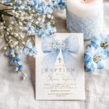 Invitación de Bautizo de Niño con Lazo Floral Azul