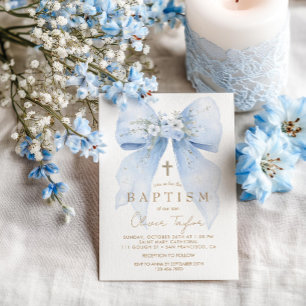 Invitación de Bautizo de Niño con Lazo Floral Azul