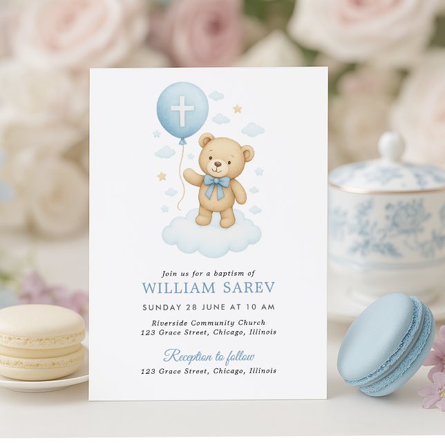 Invitación de Bautizo de Niño con Oso de Peluche A (Sweet teddy bear baptism invite with pastel treats – soft, charming design for baby boys)