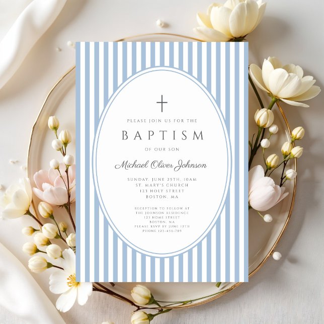 Invitación de Bautizo de Niño con Rayas Azules Ele (Elegant Blue Stripes Boy Baptism Invitation)
