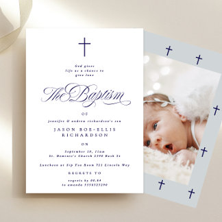 Invitación de Bautizo de Niño Cruz Navy Elegante A