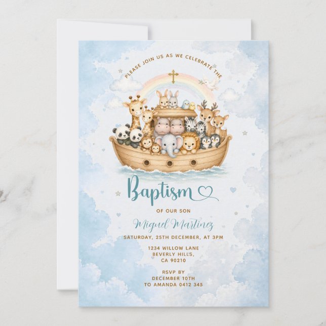 Invitación de Bautizo de Niño del Arca de Noé (Anverso)