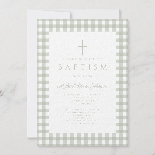 Invitación de Bautizo de Niño en Verde Salvia Ging (Anverso)