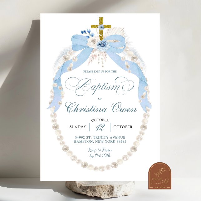 Invitación de Bautizo de Niño Pearl Boho Azul Flor (Subido por el creador)