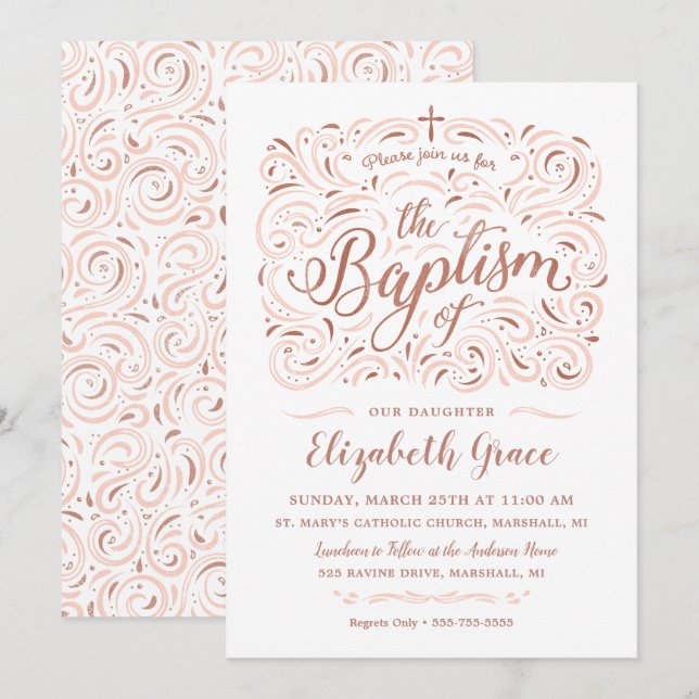 Invitación de Bautizo de Oro Rosa Falso (Anverso / Reverso)