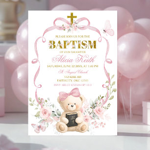 Invitación de bautizo de oso coquette con lazo flo