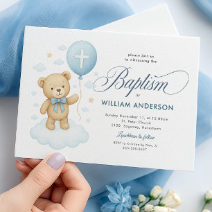 Invitación de Bautizo de Oso de Peluche Azul para 