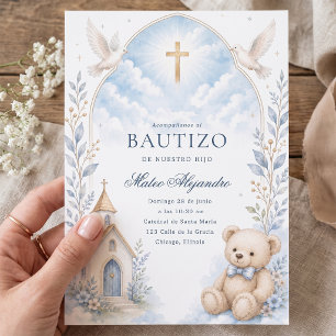 Invitación de Bautizo de Oso de Peluche con Acuare
