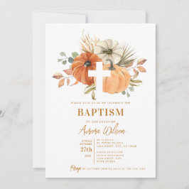 Invitación de Bautizo de Otoño con Calabaza y Cruz