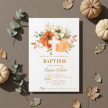 Invitación de Bautizo de Otoño con Calabaza y Cruz