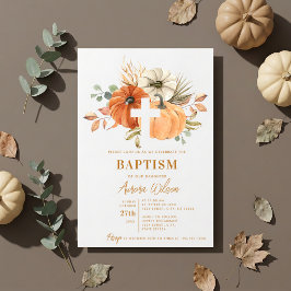 Invitación de Bautizo de Otoño con Calabaza y Cruz