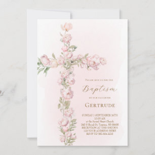 invitación de bautizo de peonías rosadas en acuare
