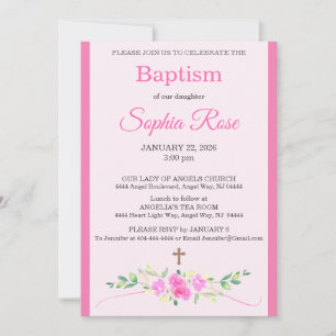 Invitación de Bautizo de Raya Cruz Acuarela Floral
