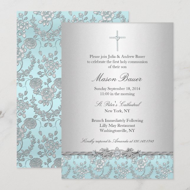 Invitación de Bautizo de Rosa Azul y Cruz (Anverso / Reverso)