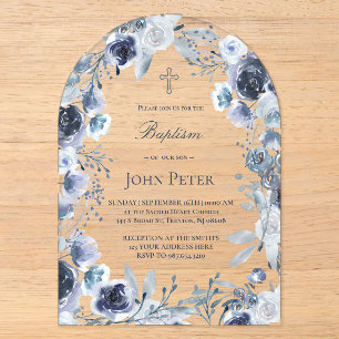 invitación de bautizo de rosas azules acrílicas