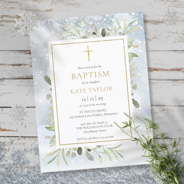 Invitación de Bautizo de Vegetación de Nieve de In (Winter Snow Greenery Baptism Invitation)