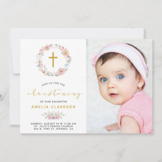 Invitación de Bautizo delicada floral y de algodón