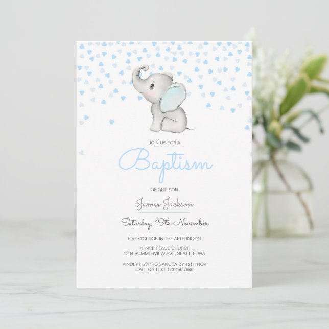 Invitación de Bautizo Editable, Elefante (Anverso de pie)