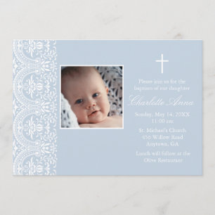 Invitación de Bautizo Elegante Azul y Blanco Damas