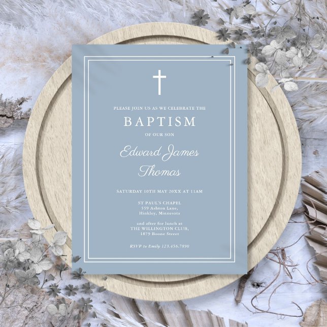 Invitación de bautizo elegante con borde azul polv (Dusty Blue Elegant Border Baptism Invitation Postcard)